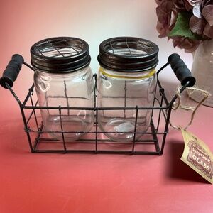 Flower Frog Mason Jar & metal basket with wood handle set